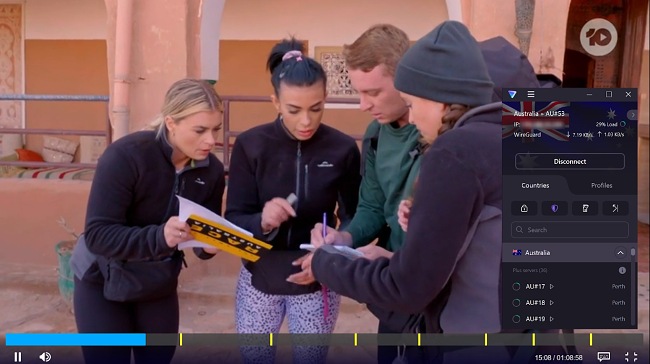 Screenshot of The Amazing Race Australia playing on 10 play with Proton VPN connected to a server in Sydney
