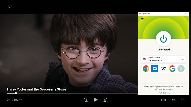 Screenshot of ultra-fast speeds when watching Harry Potter while connected to ExpressVPN