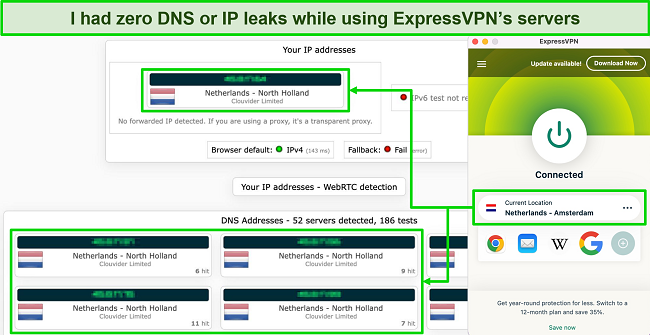 Screenshot of ExpressVPN IP/DNS leak test results while connected to its server in the Netherlands
