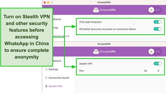 Screenshot of PrivateVPN's Windows app showing Stealth VPN and other security features turned on