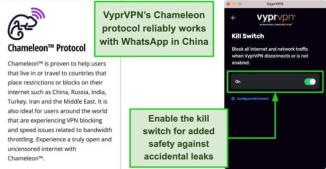 Alt Text: Screenshot of VyprVPN with Chameleon protocol selected and kill switch turned on