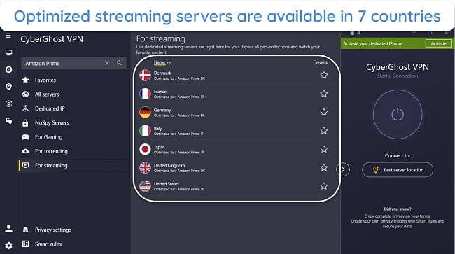 Image of CyberGhost's Windows app, showing the optimized Amazon Prime Video server locations.