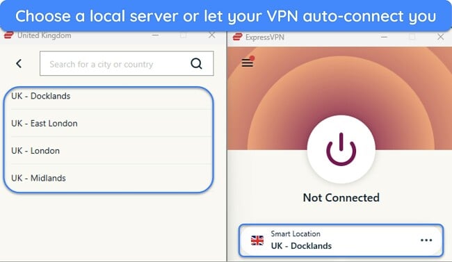 Image of ExpressVPN's Windows app showing the UK server selection and highlighting the Smart Location connection option.