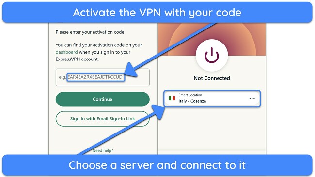 Screenshot showing how to log into ExpressVPN and connect to a server