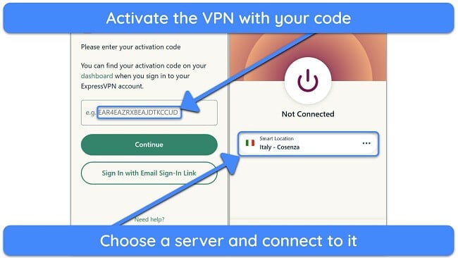 Screenshot showing how to log into ExpressVPN and connect to a server