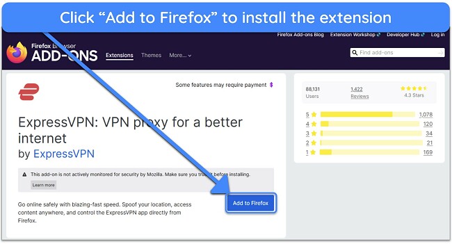 Screenshot showing how to install ExpressVPN's Firefox extension