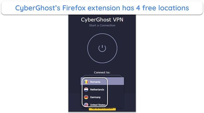 Screenshot showing the available server locations in CyberGhost's free Firefox extension