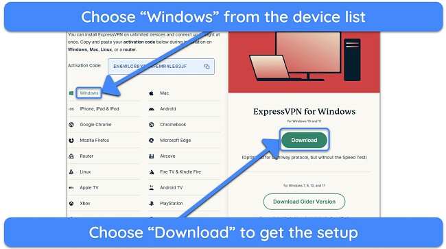 Screenshot showing how to download ExpressVPN's Windows setup from the web porta