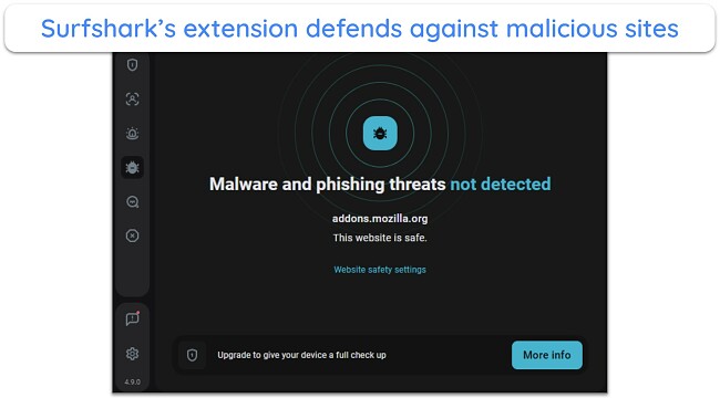 Screenshot showing the malware and phishing protection in Surfshark's Firefox extension