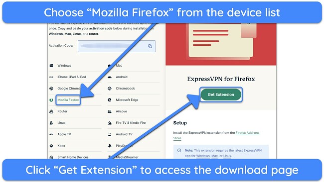 Screenshot showing how to get the Firefox extension via ExpressVPN's web portal