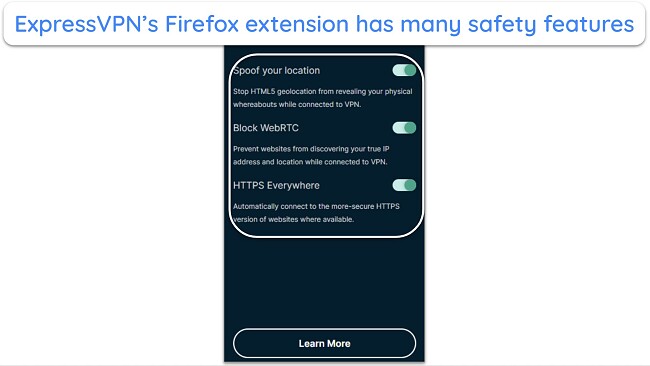 Screenshot of the available safety features in ExpressVPN's Firefox extension
