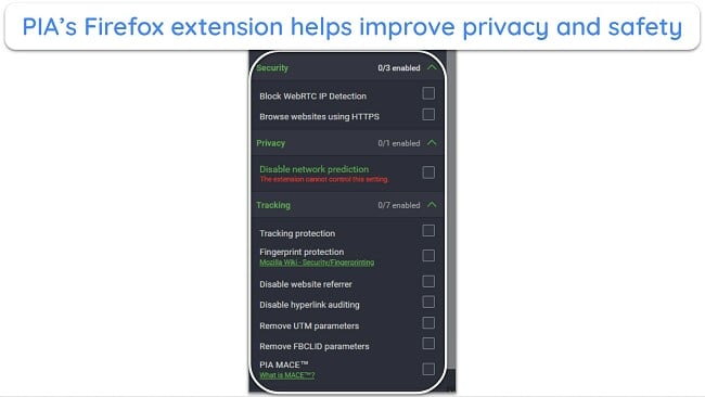 Screenshot of the security features in PIA's Firefox extension