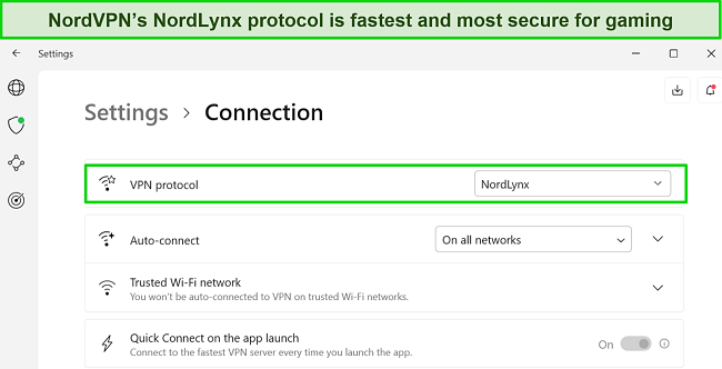 Screenshot of NordVPN's Windows app showing NordLynx protocol selected