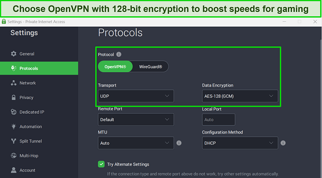 Screenshot of PIA's Windows app showing OpenVPN selected with AES 128-bit encryption