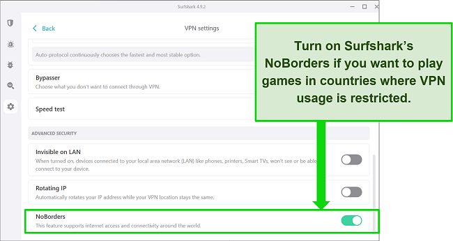 Surfshark VPN interface, showcasing the 'No Borders' mode activated, a top choice for optimized gaming experiences