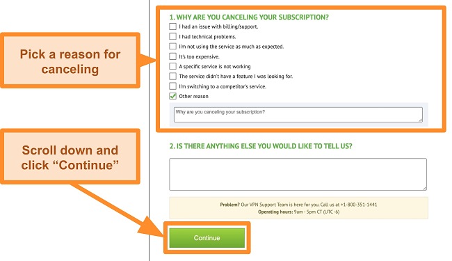 Screenshot of IPVanish Cancelation Reason on Desktop