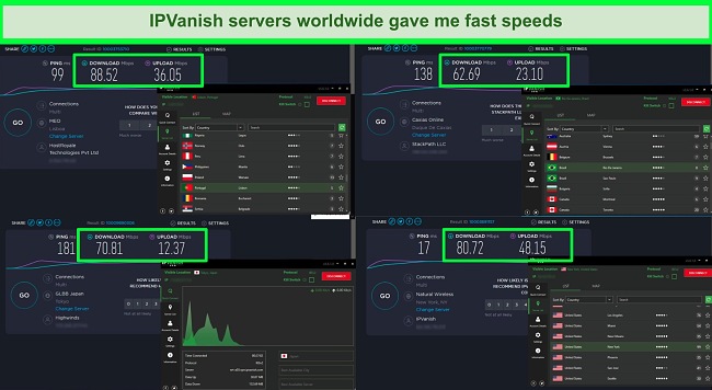 Screenshot of IPVanish Speed Tests on Desktop
