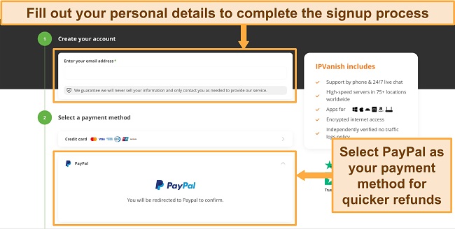 Screenshot of IPVanish's subscription page with PayPal as the chosen payment method