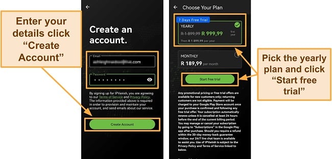 Screenshot of IPVanish Android app showing new account details and the yearly subscription with 7-day free trial on Huawei phone