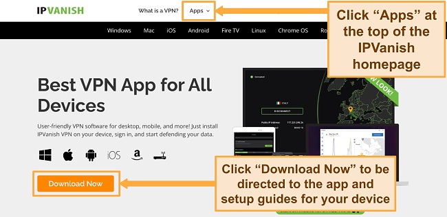 Screenshot of IPVanish's website showing where to download apps on a PC browser