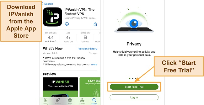 Screenshot of IPVanish iOS app download in Apple App Store and Free Trial button on iPhone