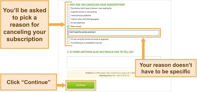 Screenshot of IPVanish cancelation reason on desktop