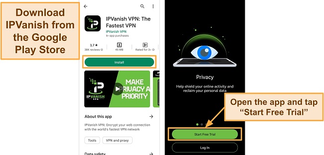 Screenshot of IPVanish Android app download in Google Play Store and Free Trial button on Huawei phone