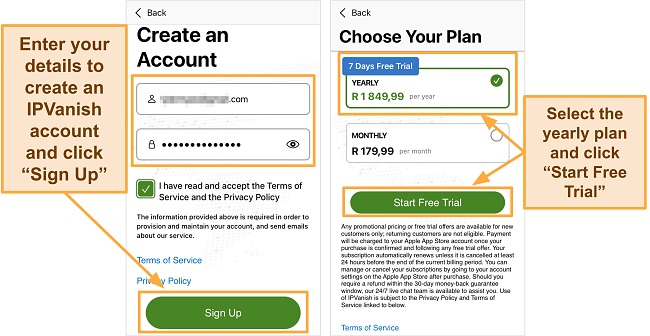 Screenshot of IPVanish iOS app showing new account details and the yearly subscription with 7-day free trial on iPhone