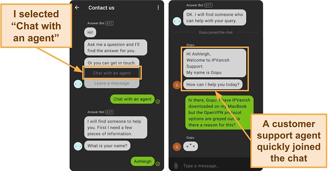 Screenshot of IPVanish live chat on mobile