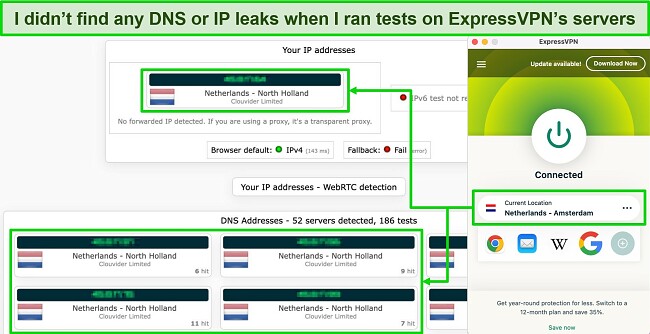 Screenshot of ExpressVPN's leak test results while connected to its Amsterdam server