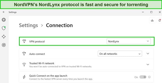 Screenshot of NordVPN's Windows app showing NordLynx protocol selected