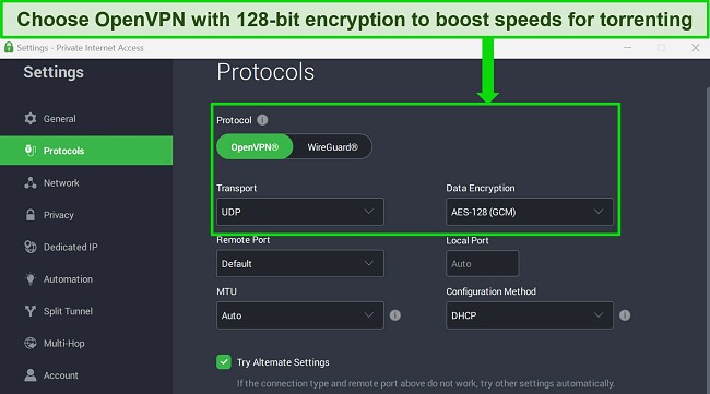 Screenshot of PIA's Windows Interface showing OpenVPN selected with AES 128-bit encryption