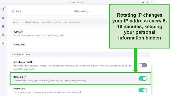 Screenshot of Surfshark's Windows interface showing IP Rotating turned on