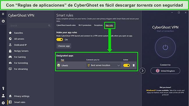 Captura de pantalla de la aplicación de Windows de CyberGhost con el menú Reglas inteligentes abierto y la configuración Reglas de la aplicación resaltada.