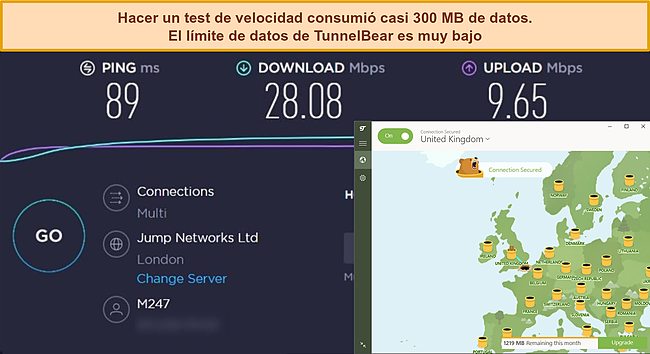 Captura de pantalla de TunnelBear conectado a un servidor del Reino Unido con el resultado de una prueba de velocidad de Ookla.