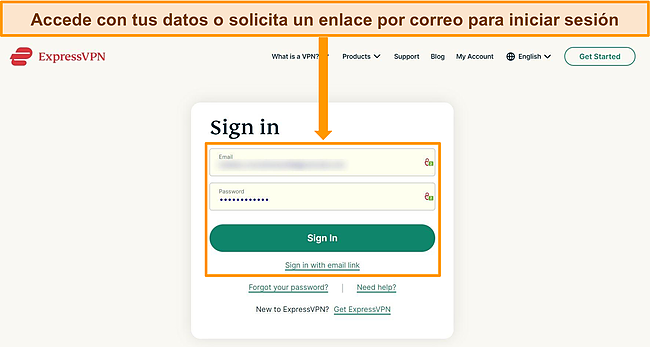 Captura de pantalla de la página de inicio de sesión de ExpressVPN.