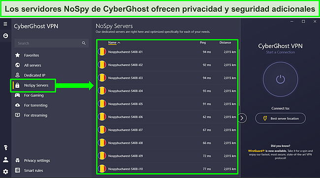 Captura de pantalla de la aplicación de Windows de CyberGhost que muestra la lista de servidores NoSpy.