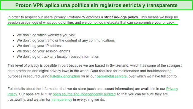 Captura de pantalla de una declaración de privacidad de Proton VPN sobre sus prácticas de registro