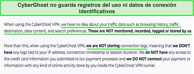 Captura de pantalla de la política de privacidad de CyberGhost VPN