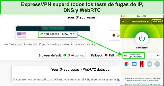 Imagen de prueba de fugas que muestra que ExpressVPN oculta con éxito la dirección IP original del usuario