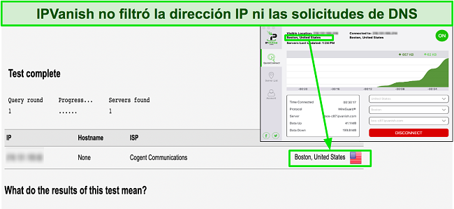 Imagen de la prueba de fugas que muestra que IPVanish oculta con éxito la dirección IP original del usuario