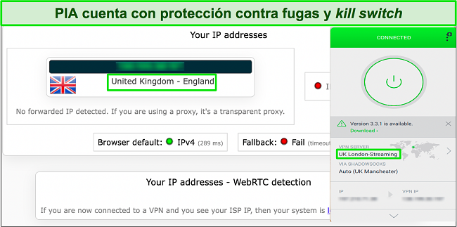 Imagen de prueba de fugas que muestra que PIA oculta con éxito la dirección IP original del usuario