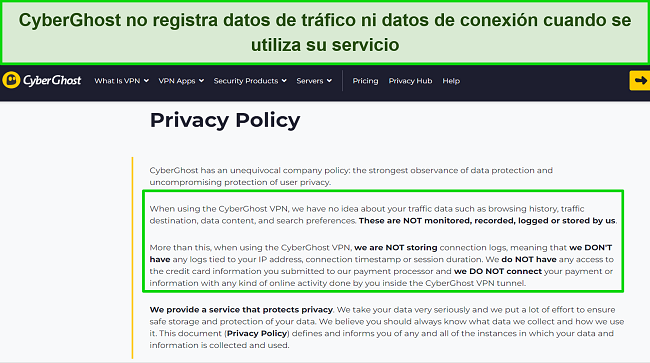Captura de pantalla de la política de privacidad de CyberGhost.