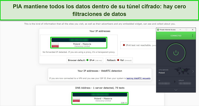 Captura de pantalla de PIA conectado a un servidor polaco, con resultados de prueba de fugas que no muestran fugas de datos.