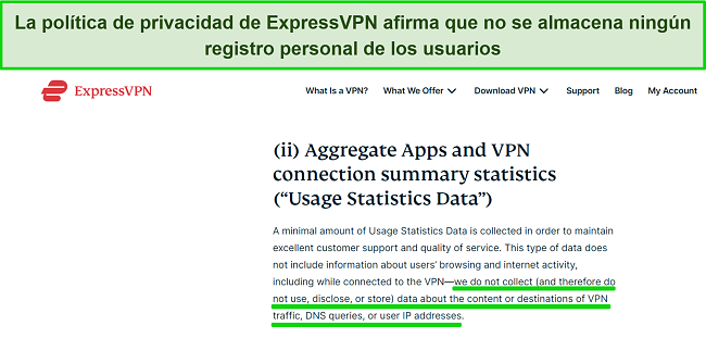 Captura de pantalla de la política de privacidad de ExpressVPN con respecto a los datos del usuario.