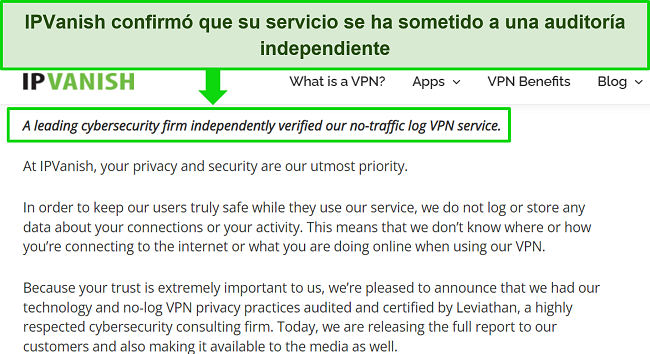 Captura de pantalla del sitio web de IPVanish que detalla su reciente auditoría independiente.