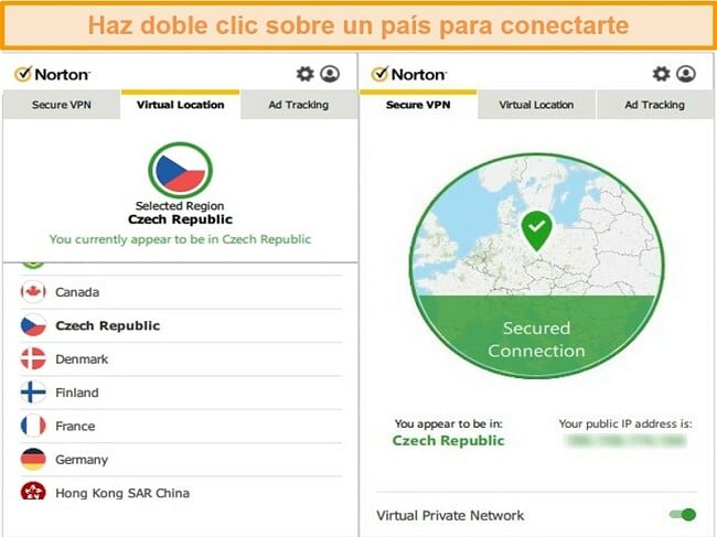 Captura de pantalla de Norton Secure VPN conectado a un servidor en la República Checa