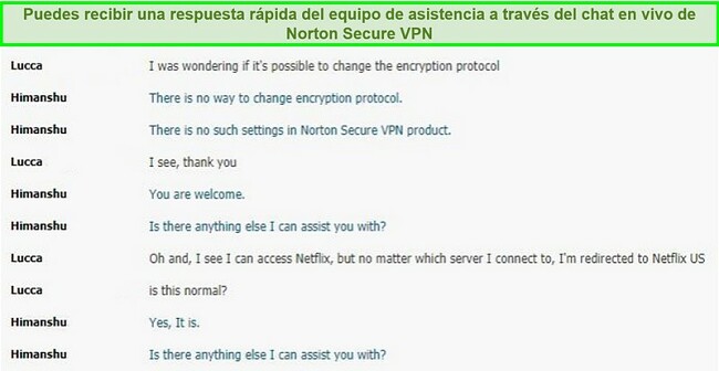 Captura de pantalla de una conversación de chat en vivo con el soporte de Norton Secure VPN