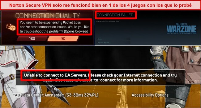 Captura de pantalla de Norton Secure VPN que causa problemas de conectividad en juegos en línea