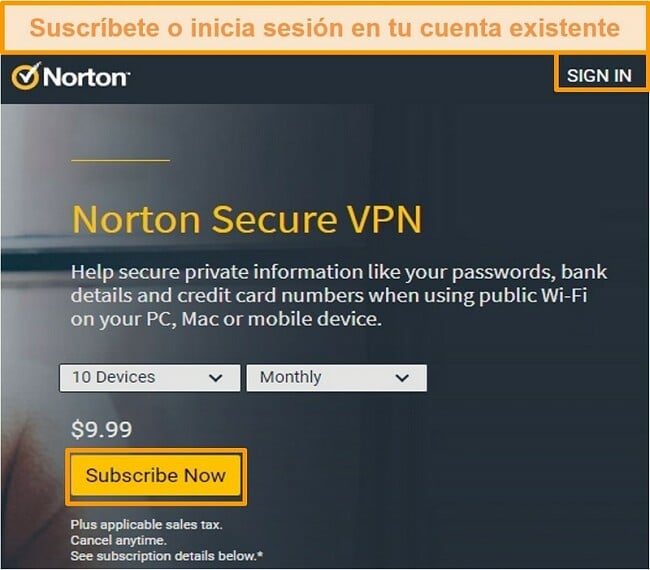 Captura de pantalla de la página de compra de Norton Secure VPN
